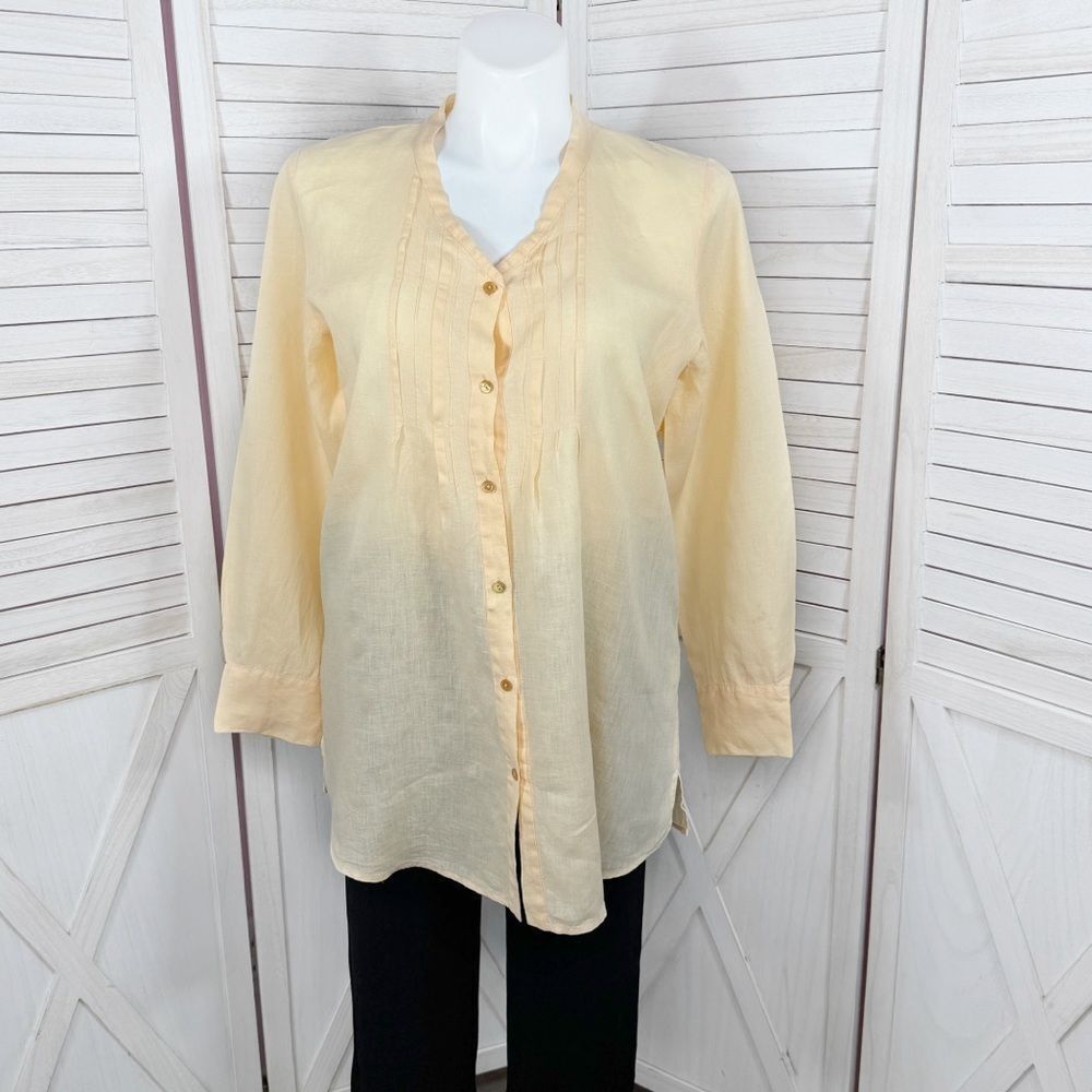 Eileen Fisher Pleated V Neck Irish Linen Tunic Shirt Melon Orange Large